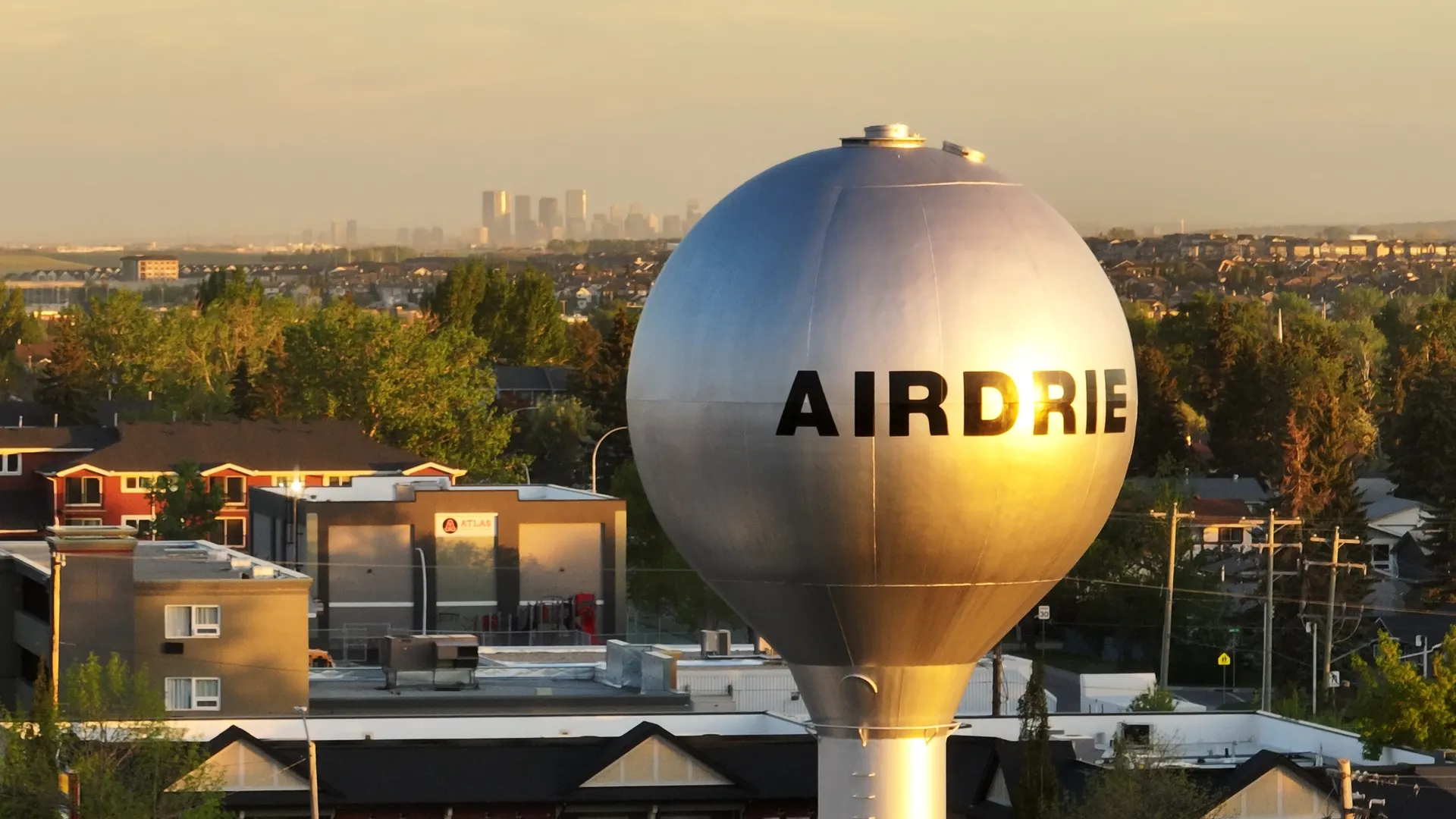 Aerial view of the Airdrie water tower and surrounding city