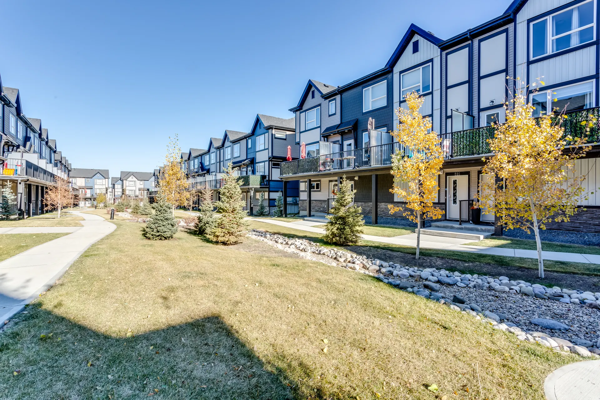 Townhomes overlooking a landscaped green corridor with young trees in Belmont