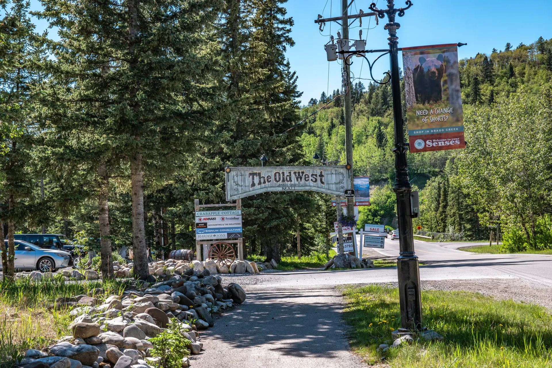 Businesses and community entrance in Bragg Creek Alberta