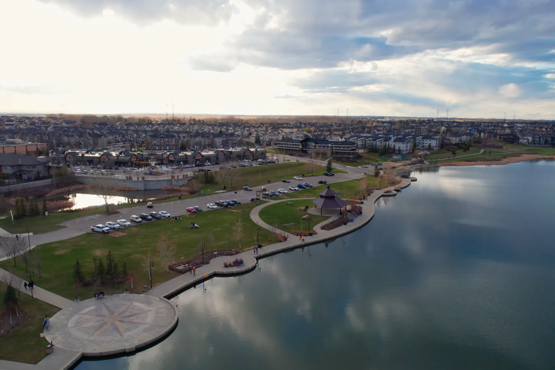 Wide aerial view across Chestermere Lake Alberta