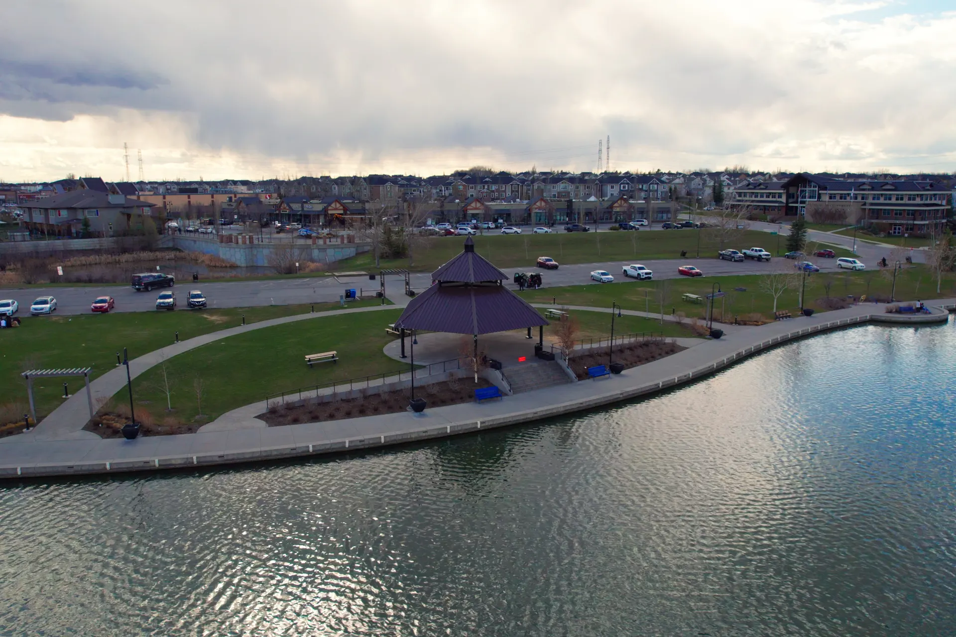 Aerial view of Chestermere Lake and the public shoreline