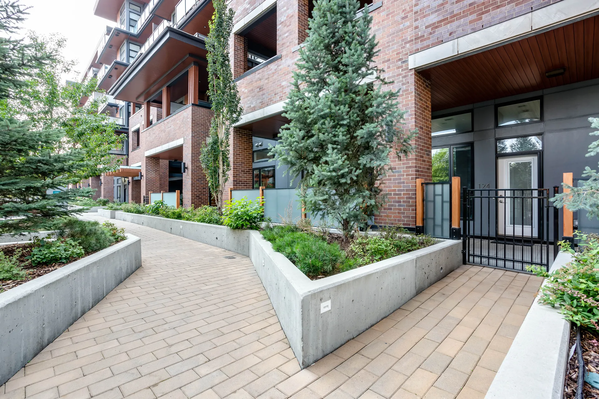 Landscaped walkway and townhome entries at Westman Village in Mahogany