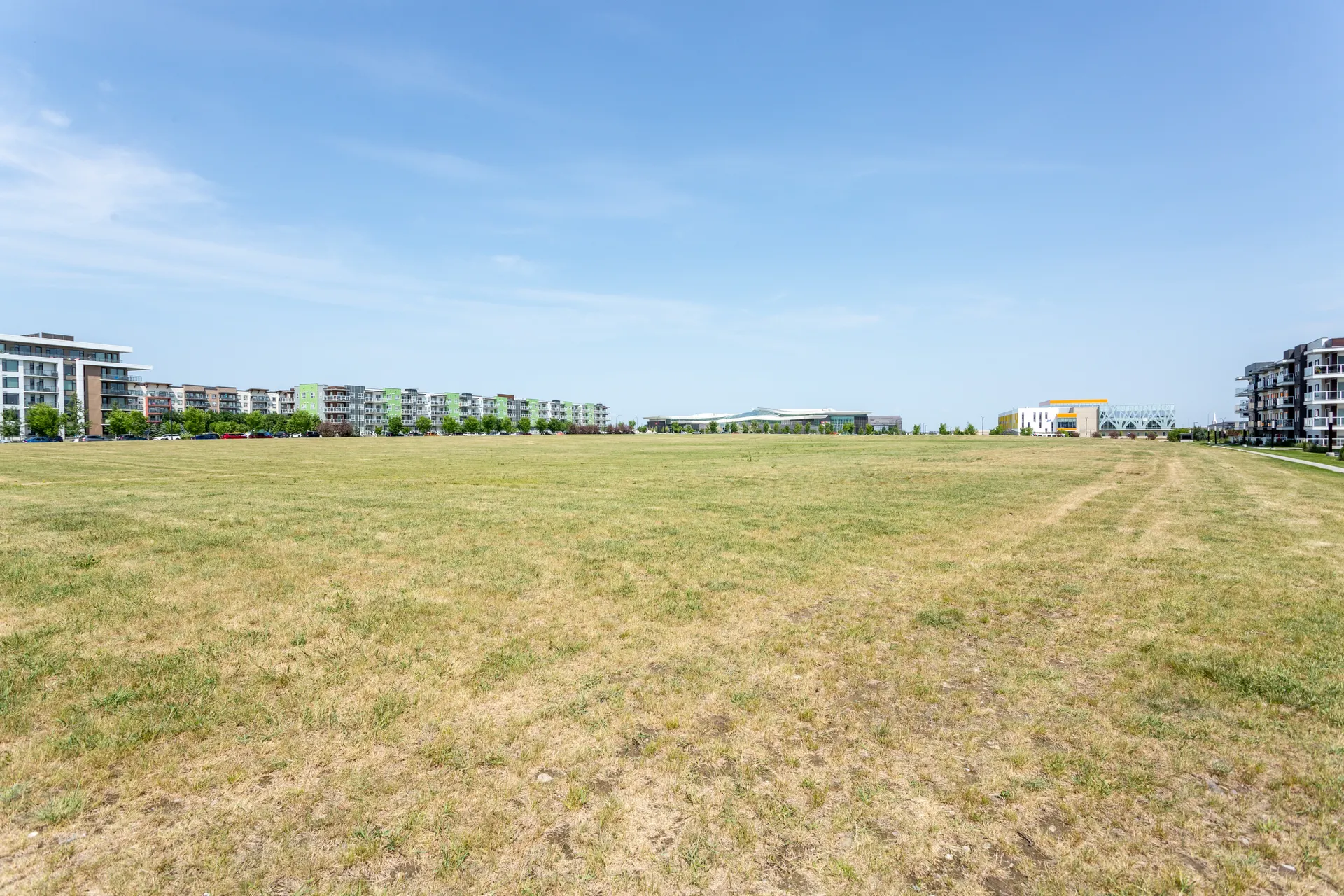 Open lawn framed by apartment buildings in Seton
